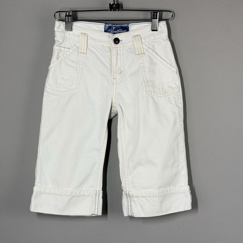 Vtg Y2K Levi Strauss Signature Skimmer Shorts Capri Girls 8 White Cuffed Denim